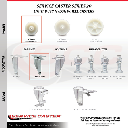 Service Caster 3 Inch SS Nylon Wheel Swivel Top Plate Caster Set with 2 Rigid SCC-SS20S314-NYS-2-R-2